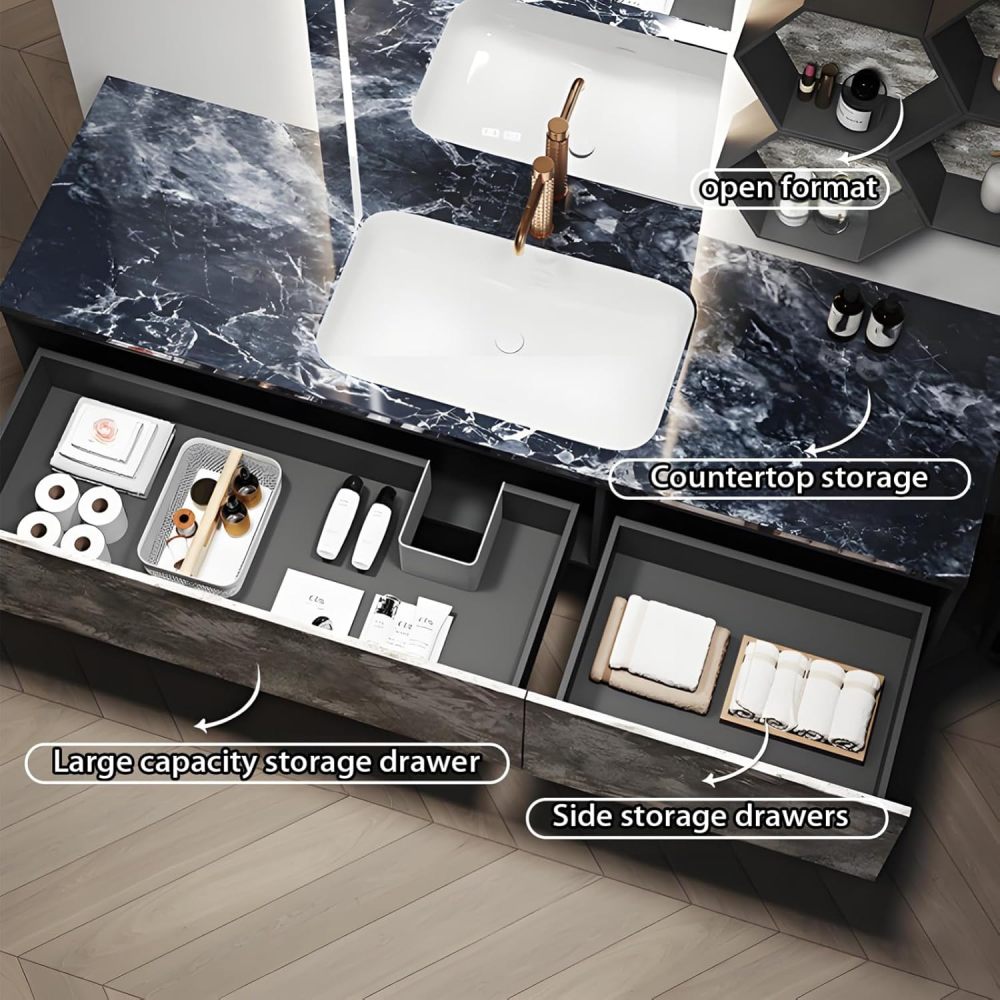 Bathroom Vanity with Sink - Modern Floating Vanity with Smart Defogging Mirror, Solid Wood Bathroom Vanity Cabinet, Multiple Sizes Customizable - Complete Accessories