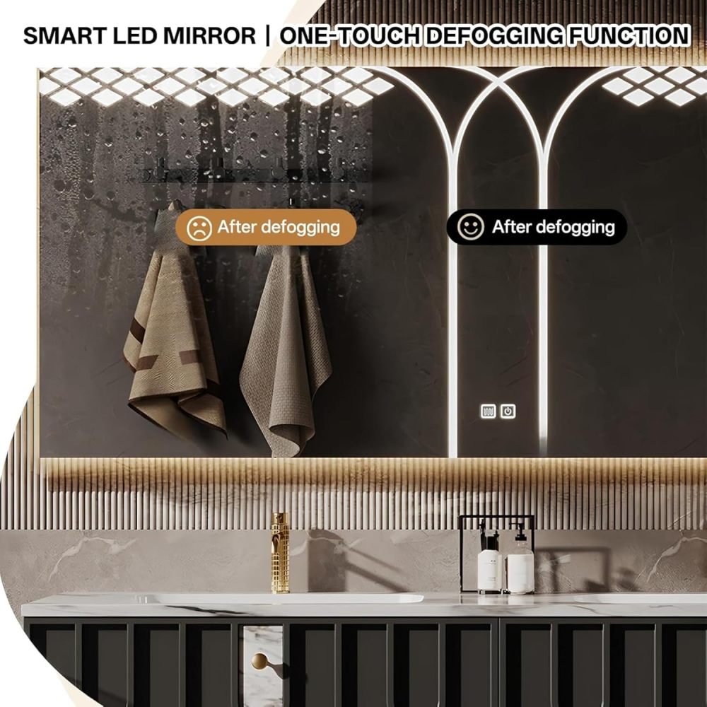 92 inch Bathroom Vanity Sink Set - Bathroom Vanity with Smart Defogging Mirror, Solid Wood Sink Cabinet and Large Countertop, Large Storage Space, Including Accessories, Black