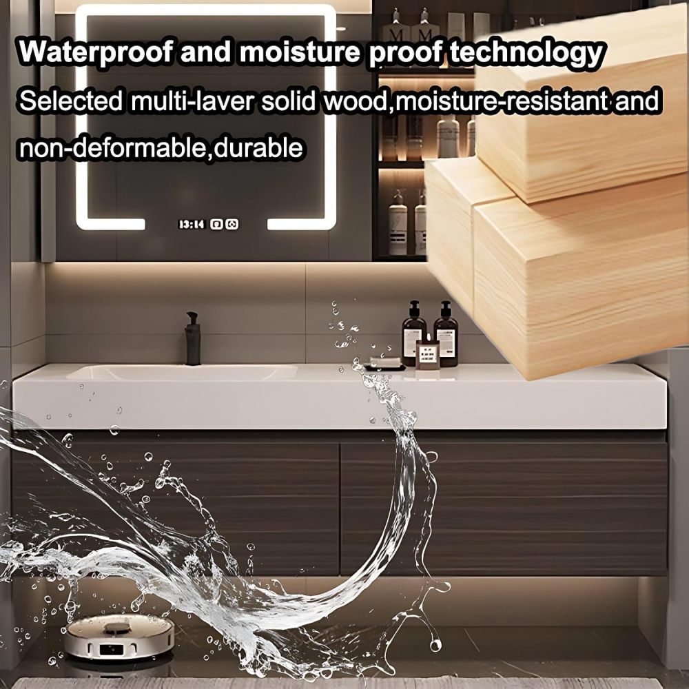 34IN Bathroom Vanity with Sink - Solid Wood Bathroom Vanity with 2 Large Capacity Drawers, Floating Sink Cabinet with Smart Defog Mirror, Customizable Size, No Assembly Required, Wood