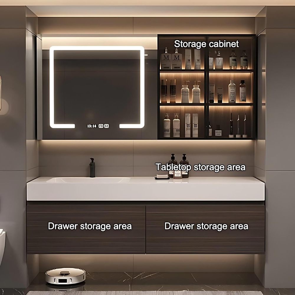 34IN Bathroom Vanity with Sink - Solid Wood Bathroom Vanity with 2 Large Capacity Drawers, Floating Sink Cabinet with Smart Defog Mirror, Customizable Size, No Assembly Required, Wood