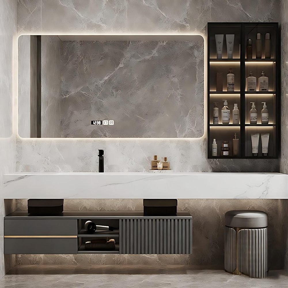 92IN Bathroom Vanity - Modern Bathroom Vanity with Multiple Storage Areas, Floating Sink Cabinet with Smart Defog Mirror, Includes Makeup Stool, No Assembly Required, Gray