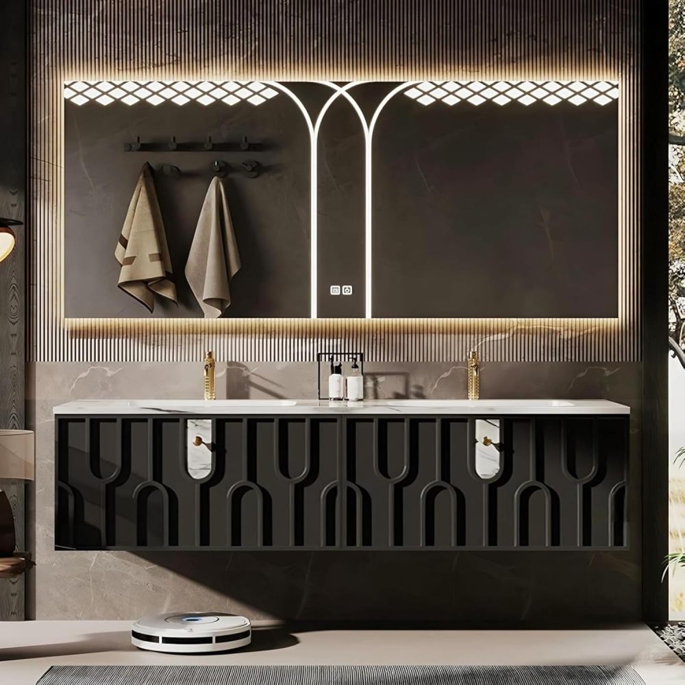 92 inch Bathroom Vanity Sink Set - Bathroom Vanity with Smart Defogging Mirror, Solid Wood Sink Cabinet and Large Countertop, Large Storage Space, Including Accessories, Black