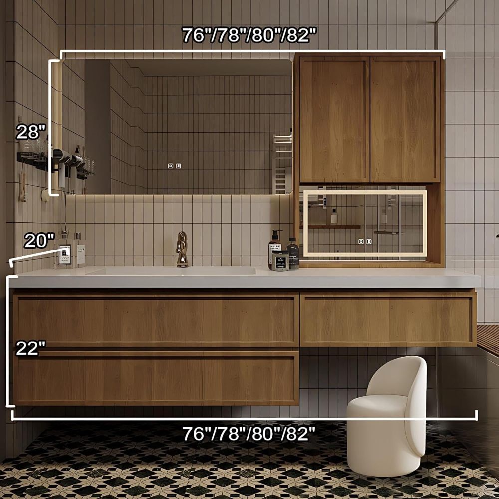 82IN Bathroom Vanity - Modern Bathroom Vanity with Drawers and Multiple Storage Areas, Solid Wood Sink Cabinet with Smart Defog Mirror, Includes Makeup Stool, No Assembly Required