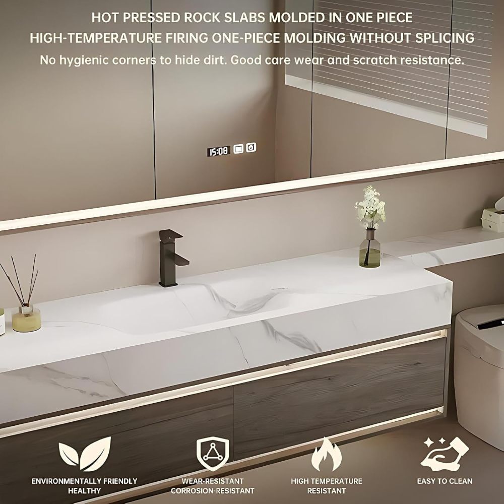 42 inch Bathroom Vanity with Sink - Floating Bathroom Vanities Includes LED Smart Defogging Mirror Cabinet, Large Drawers and Sensor Light, Integrated Countertop, Includes Accessories, Wood
