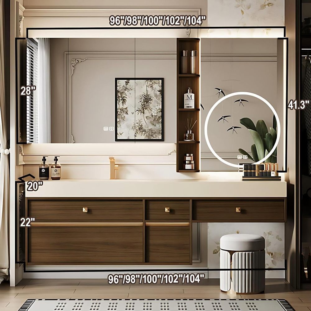 98IN Bathroom Vanity with Sink - Modern Single Sink Floating Solid Wood Bathroom Vanity Cabinet, Featuring Defogging Mirror Cabinet and Integrated Sintered Stone Sink, Separate Vanity Area