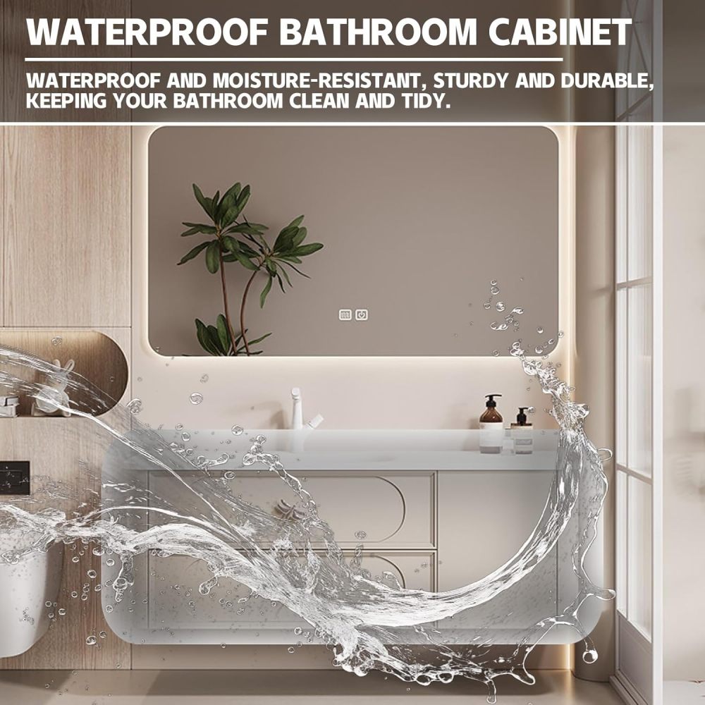 96IN Modern Solid Wood Bathroom Vanity with Sink - Single Floating Sink Design, Bathroom Vanity Cabinet with Smart Anti-Fog Mirror, Stylish Integrated Stone Sink - Easy to Install Mirror.1