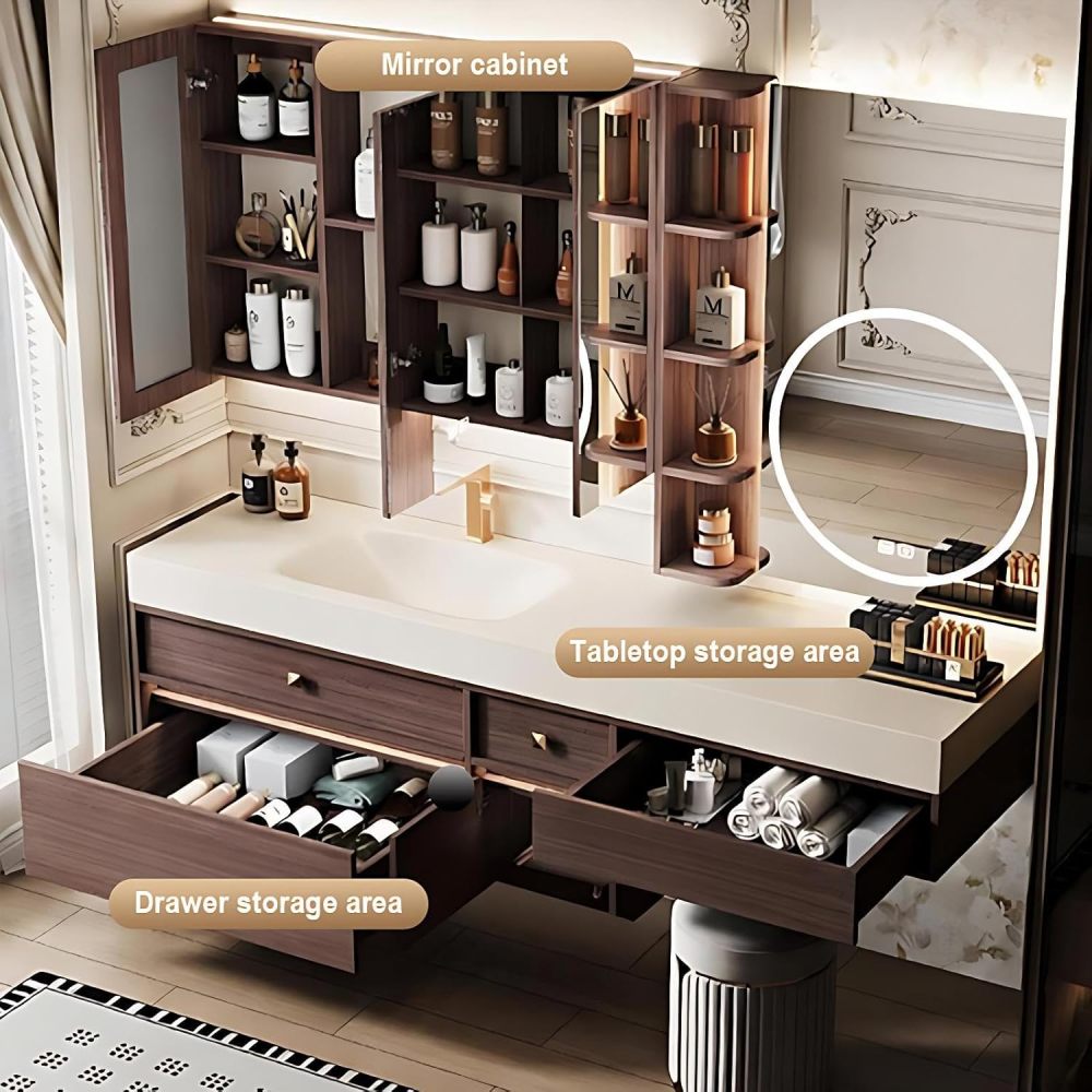98IN Bathroom Vanity with Sink - Modern Single Sink Floating Solid Wood Bathroom Vanity Cabinet, Featuring Defogging Mirror Cabinet and Integrated Sintered Stone Sink, Separate Vanity Area