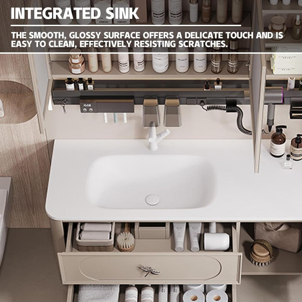 96IN Modern Solid Wood Bathroom Vanity with Sink - Single Floating Sink Design, Bathroom Vanity Cabinet with Smart Anti-Fog Mirror, Stylish Integrated Stone Sink - Easy to Install Mirror.1
