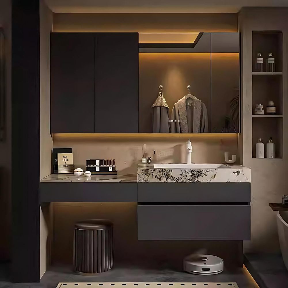 66IN Bathroom Vanity with Sink - Modern Bathroom Vanity with Smart Defog Mirror, Simple Sink Cabinet with 2 Drawers, Includes Makeup Stool, No Assembly Required