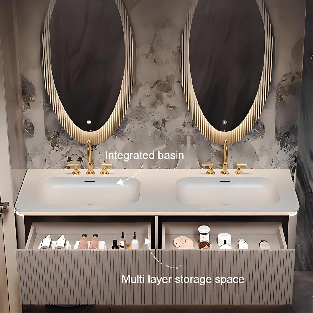 62IN Bathroom Vanity with Sink - Luxury Bathroom Vanity with Smart Defog Mirror, Modern Sink Cabinet with 2 Large Capacity Drawers, Customizable Size, No Assembly Required