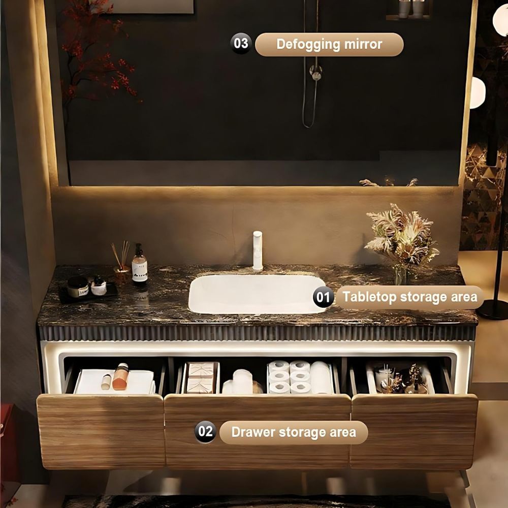 Luxury 70IN Bathroom Vanity with Sink - Floating Single Sink Bathroom Vanity Cabinet & Defogger Mirror Set, Large Storage Drawer Motion-Sensor Lighting, Solid Wood Material