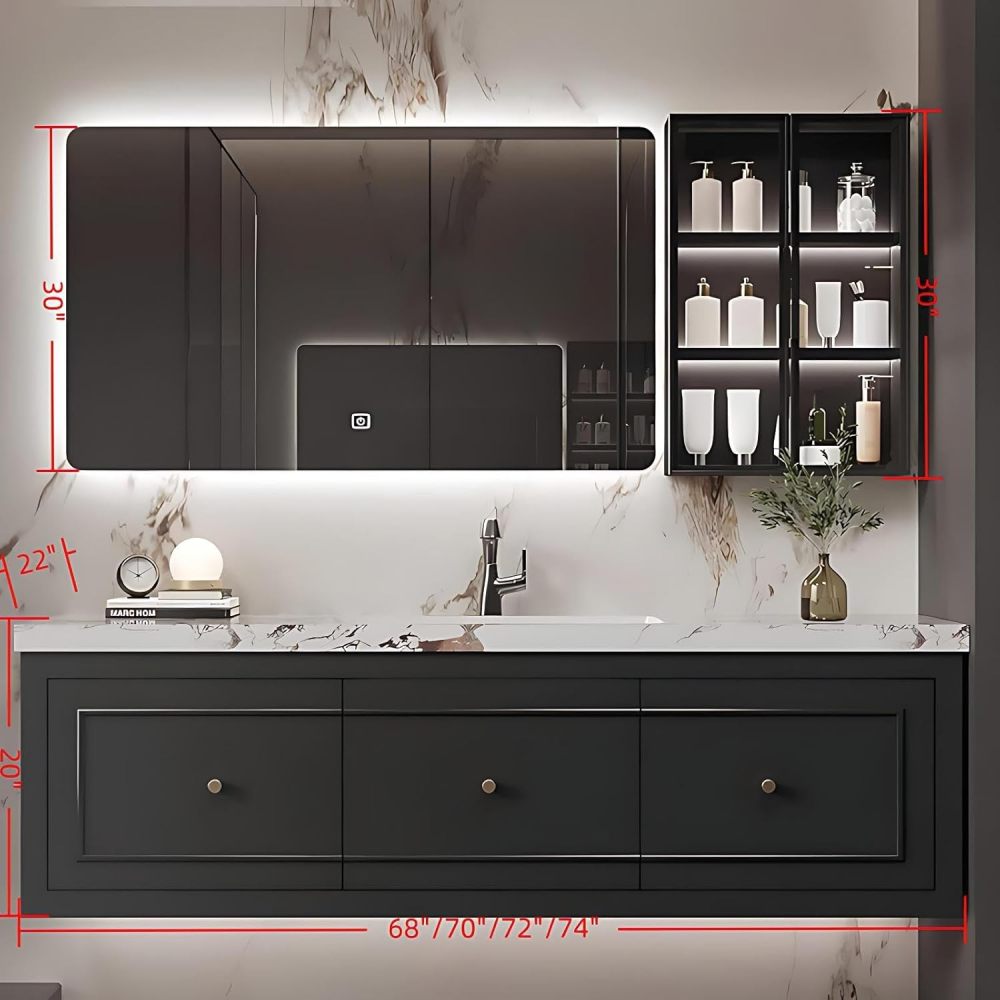 72 inch Bathroom Vanity - Bathroom Vanity with Smart LED Mirror & Glass Door Cabinet, Large Countertop and Integrated Basin, Includes Accessories, Black
