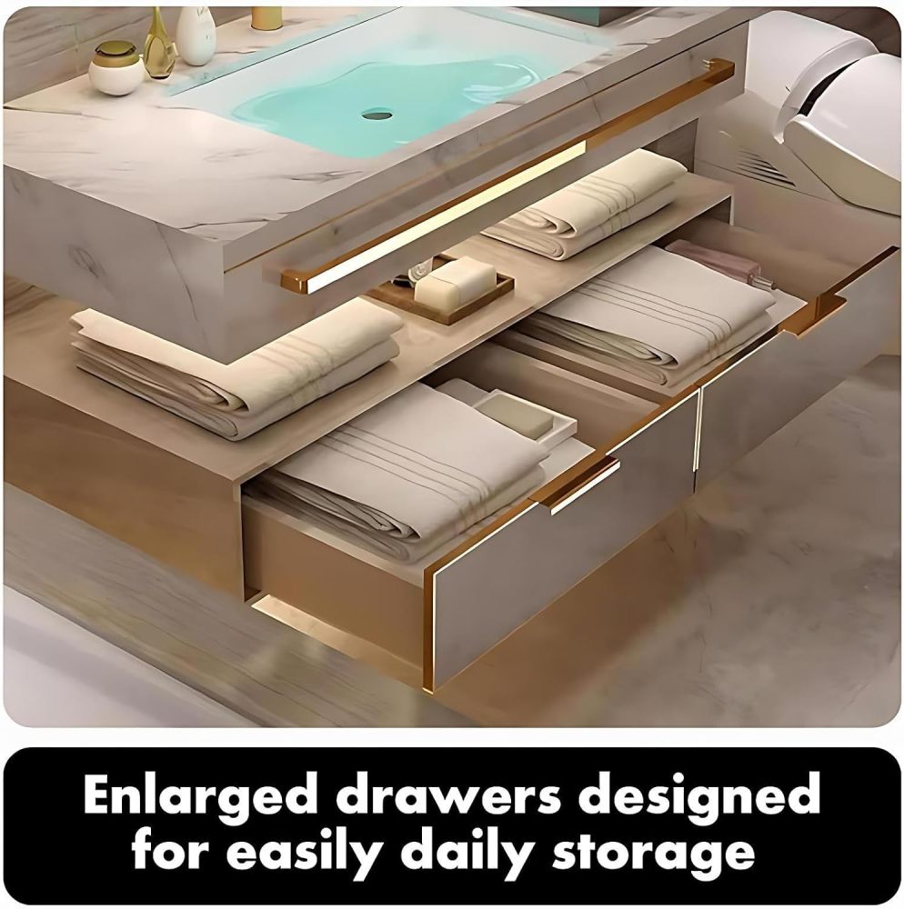70IN Bathroom Vanity with Sink - Bathroom Vanity with LED Smart Defog Mirror Cabinet, Stylish Wall Mounted Design, Gold Handle, Large Storage Drawer, Complete Accessorie, Wood