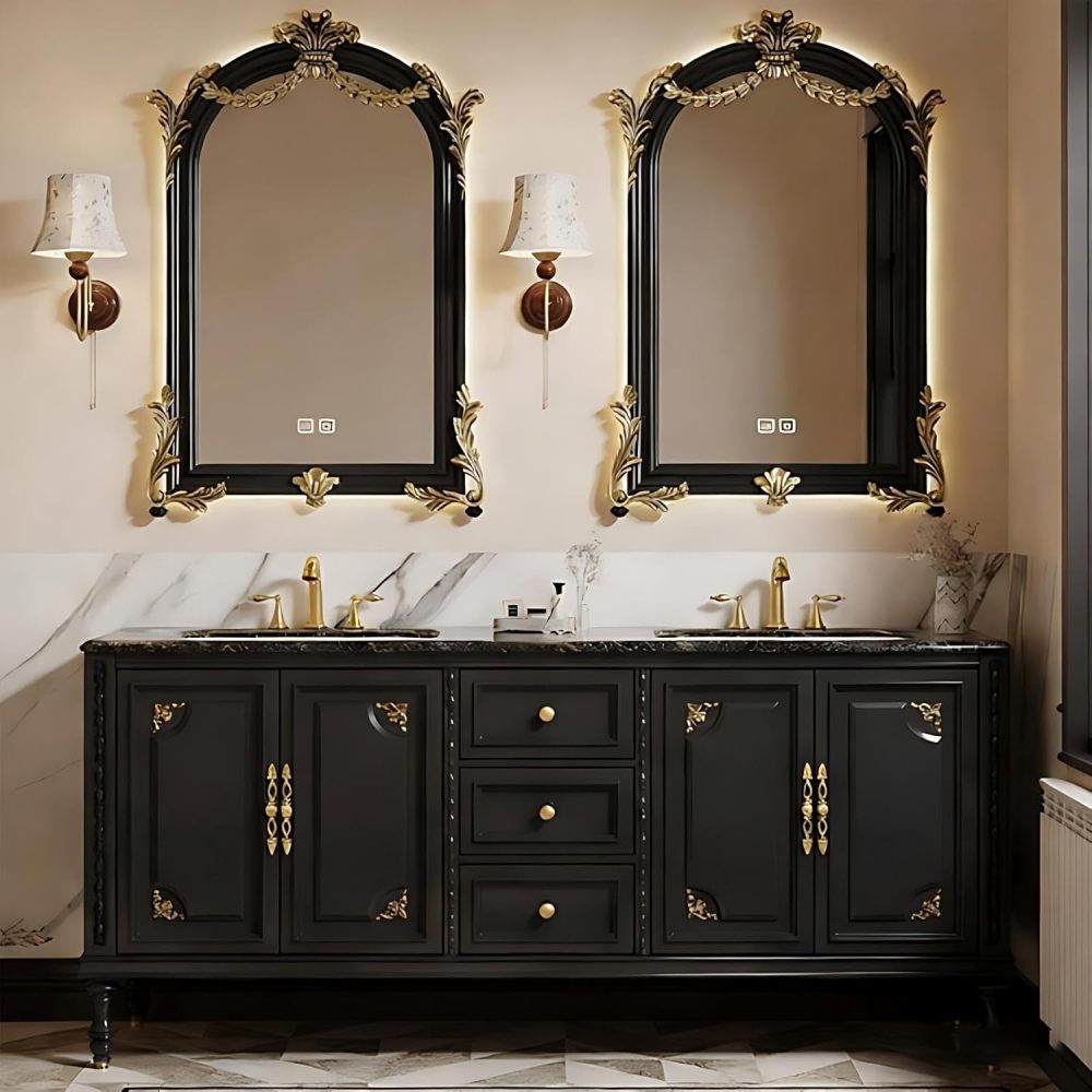 84IN Bathroom Vanity with Sink - Retro Bathroom Vanity Cabinet with Smart Anti-Fog Mirror, Double Sink Vanity, Multi-Layer Solid Wood, Custom Sizes - Complete Accessories, Mirror