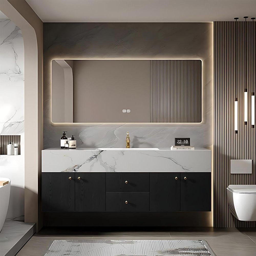 46 inch Bathroom Vanity - Single Sink Bathroom Vanity with Smart Defogging Mirror and Marble Countertop, Soft-Close Drawers, Extra-Large Storage Space, Includes Accessories, Black