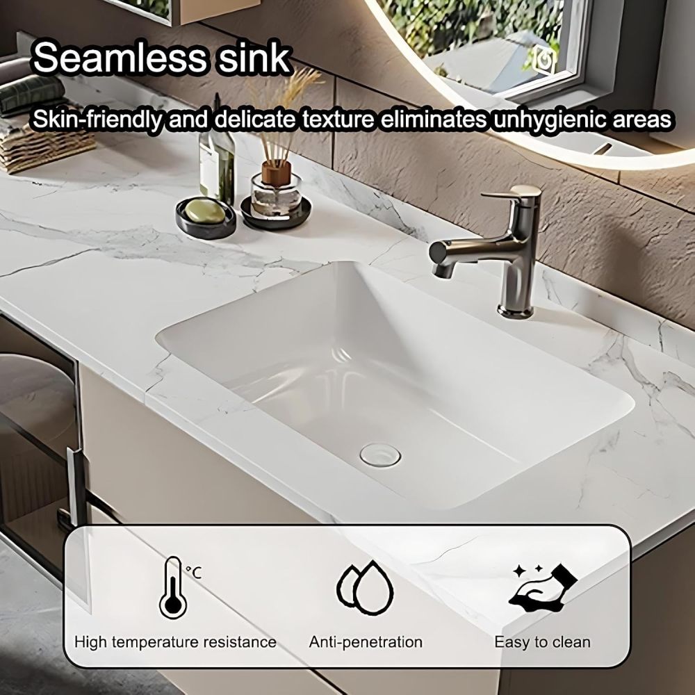 74IN Bathroom Vanity with Sink - Modern Bathroom Vanity with Makeup Vanity & Smart Defog Mirror, Stylish Sink Cabinet with Storage, Includes Makeup Stool, No Assembly Required, Off - White