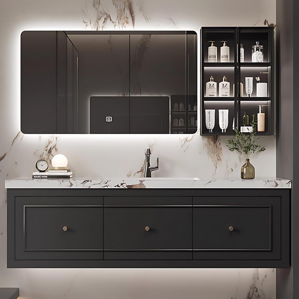 92IN Bathroom Vanity with Sink - Modern Bathroom Vanity with 3 Large Capacity Drawers, Solid Wood Sink Cabinet with Smart Defog Mirror, Customizable Size, No Assembly Required, Black