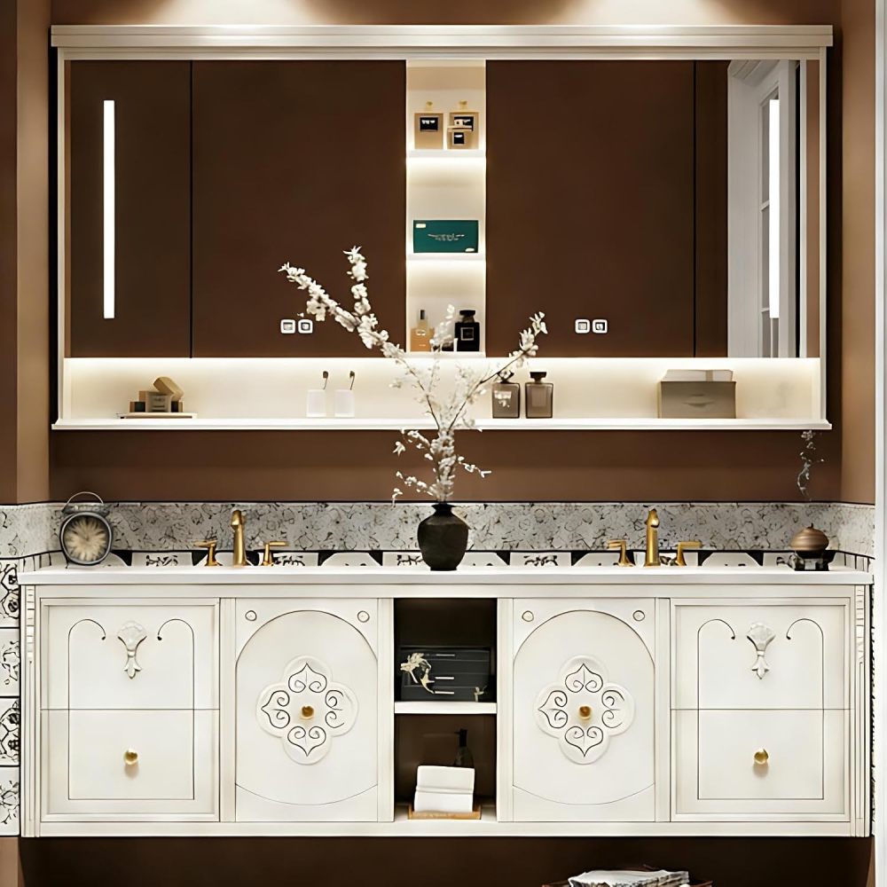 68IN Bathroom Vanity with Sink - Elegant Bathroom Vanity Cabinet with Drawers, Double Floating Sink Design, Smart Anti-Fog Mirror, Customizable Sizes - Complete Accessories, White B