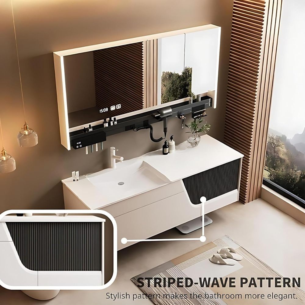 66IN Bathroom Vanity - Single Sink Vanity, Solid Wood, Striped Drawers, Includes Smart LED Mirror Cabinet and Storage Rack, Complete Accessorie, Fully Assembled, White