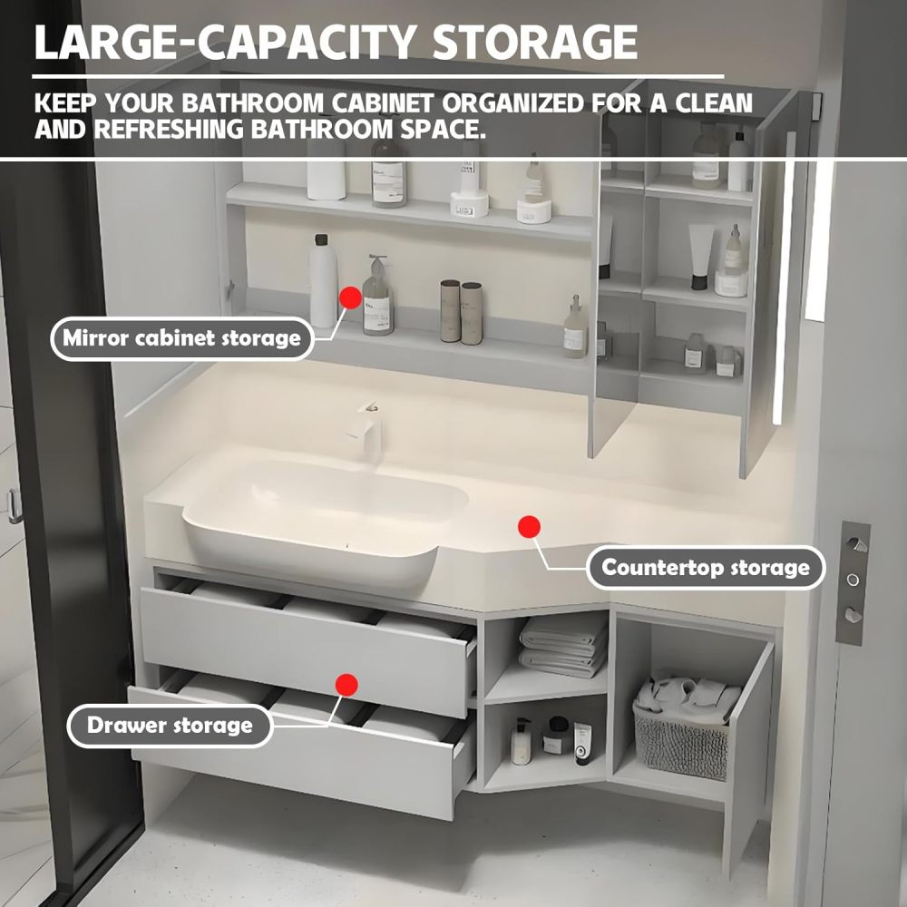 36IN Modern Bathroom Vanity with Sink - Solid Wood Bathroom Vanity Cabinet with Smart Defog Mirror, Silent Drawer, Single Wall-Mounted Floating Sink Design, Customized Size, White
