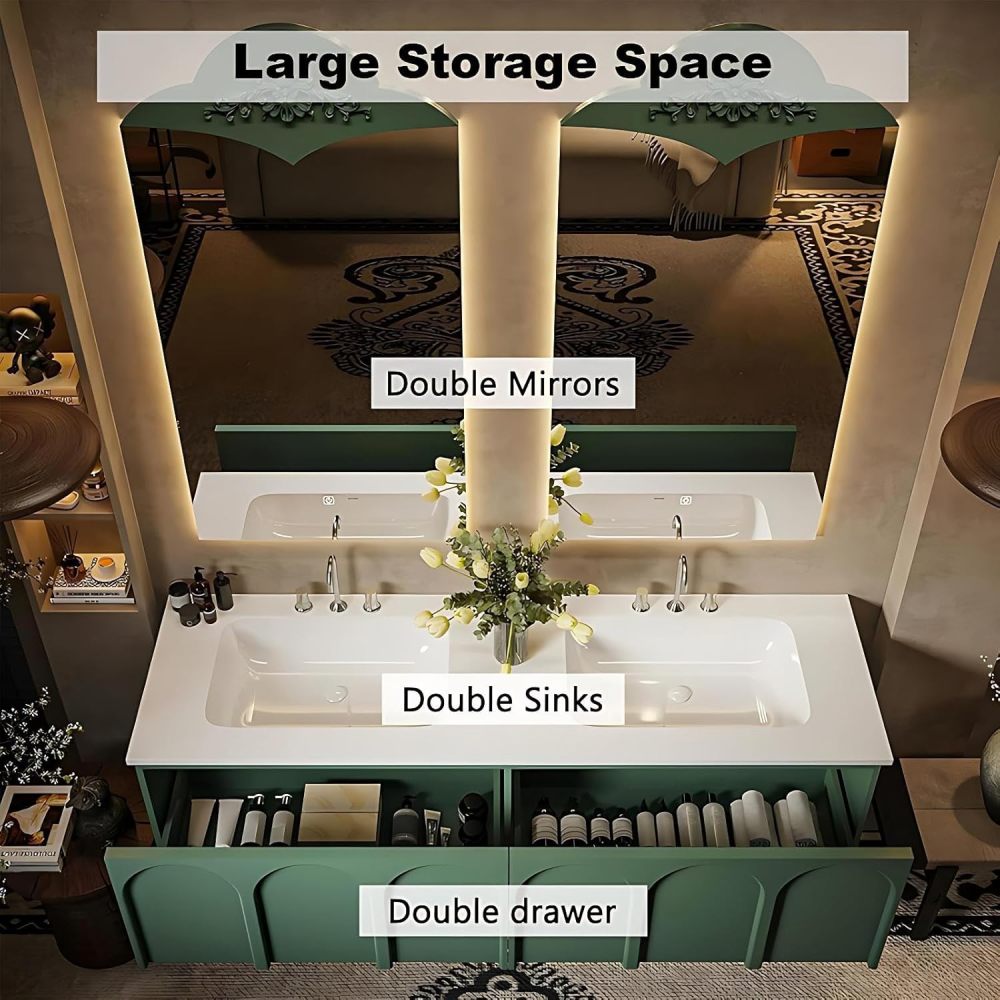 92IN Luxury Bathroom Vanity with Sink - Bathroom Vanity Cabinet with Drawers, Double Floating Sink Design, Intelligent Defogging, Customizable Sizes - Easy to Install, Green