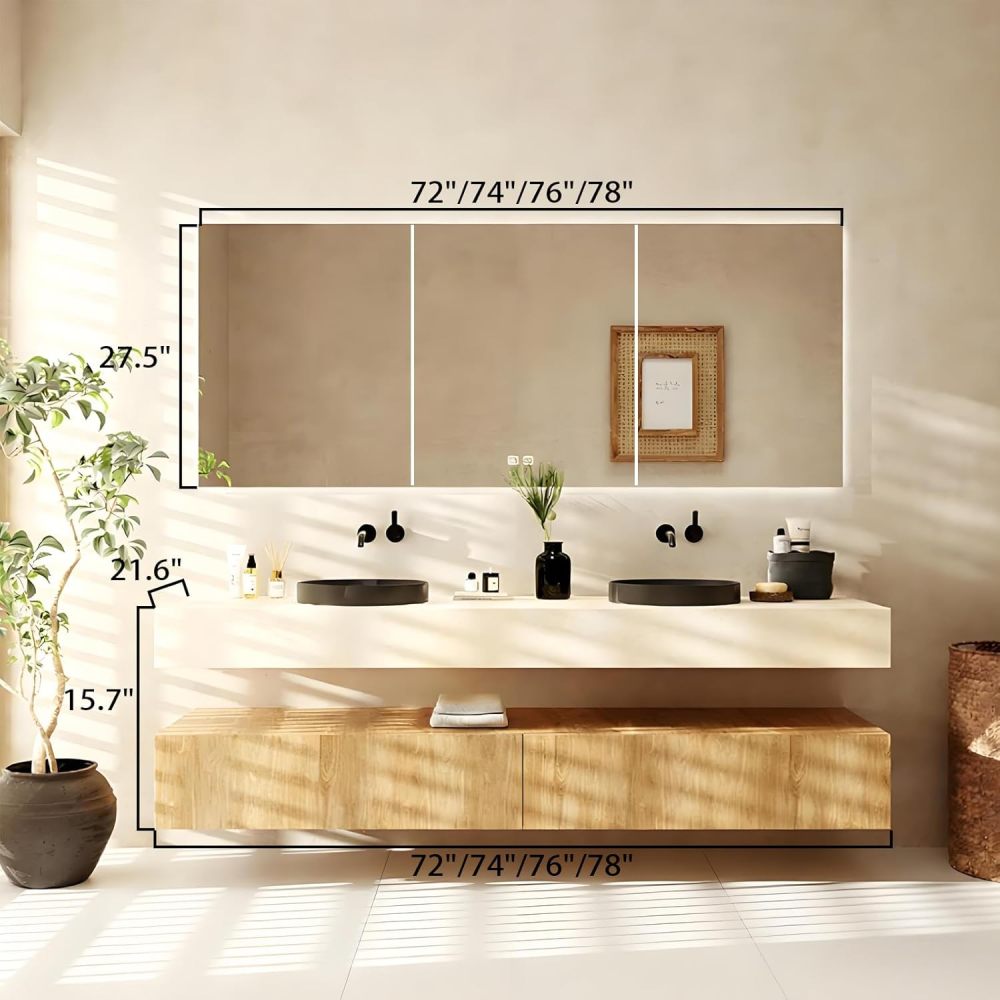 72IN Bathroom Vanity with Sink - Modern Bathroom Vanity Cabinet with Smart Defog Mirror, Double Floating Sink Design, Large Storage Space, Solid Wood - Complete Accessories, Mirror Cabinet