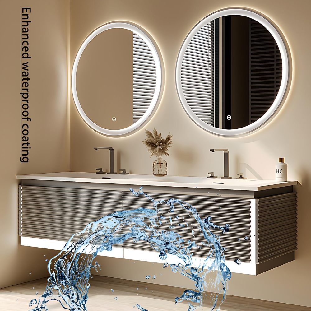 Modern Bathroom Vanity with Sink - Elegant Double Sink Bathroom Vanity Set, Wall-Mounted Bathroom Sink Cabinet with Intelligent LED Defog Mirror, Solid Wood Floating Vanity (88")