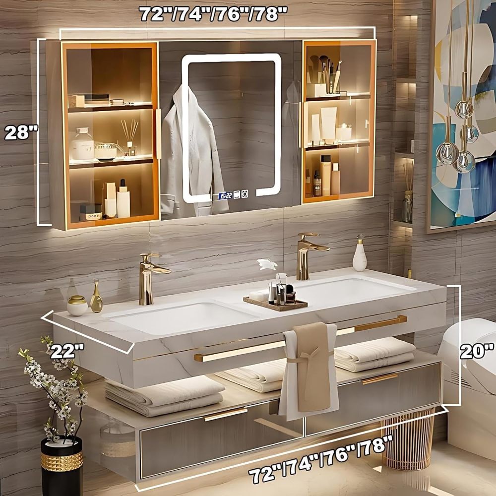 78IN Double Sink Bathroom Vanity - Luxury Double Sink with LED Smart Defog Mirror Cabinet, Soft-Close Large Drawers, Open Storage Shelves, Complete Accessorie, Wood