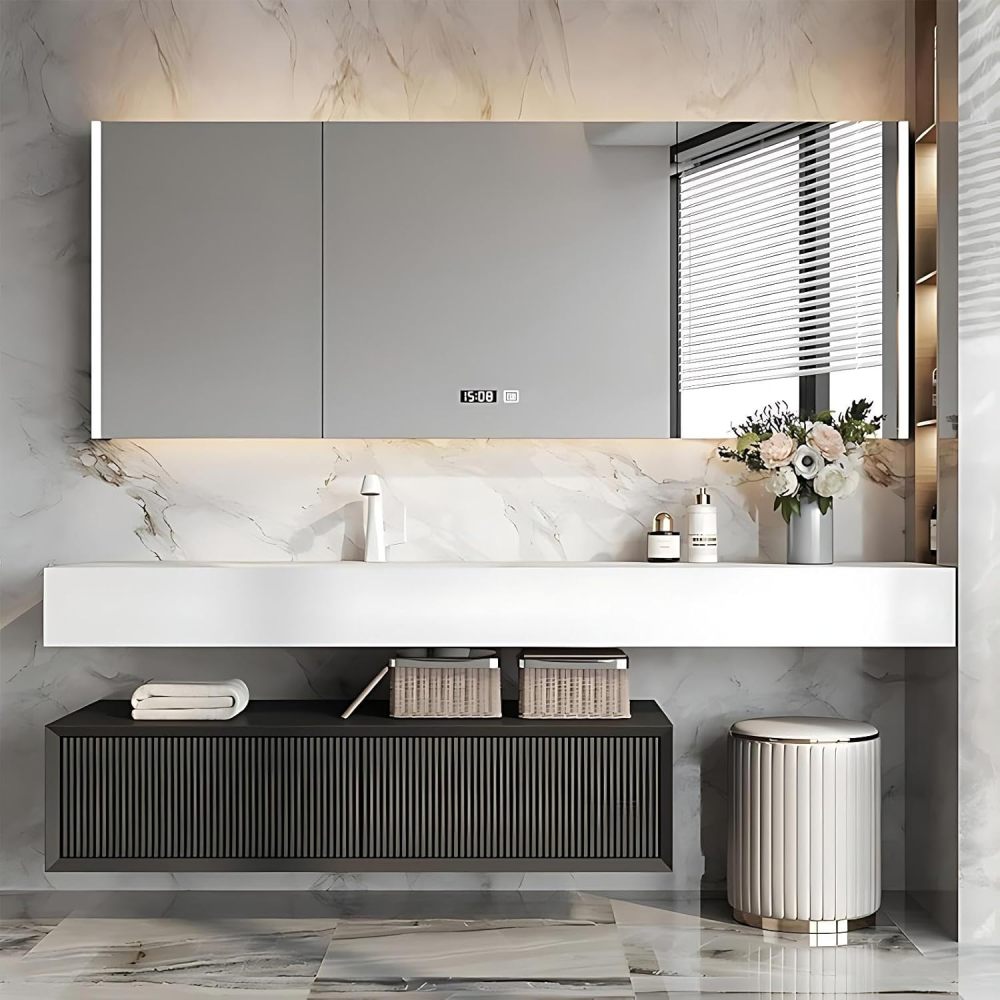96 inch Bathroom Vanity with Sink - Modern Bathroom Vanities with Smart Defogging Mirror Cabinet, Solid Wood Extend Makeup Table Area, Includes Stool & Accessories, Black