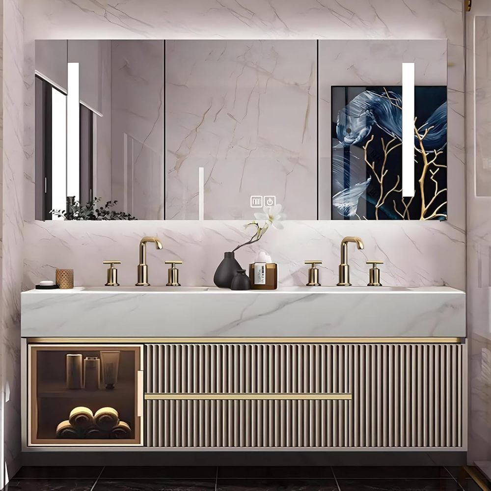 92 inch Double Sink Bathroom Vanity - Luxury Floating Sink Cabinet, Solid Wood Bathroom Vanity with LED Defog Mirror and Large Storage Striped Cabinet, Includes Accessories, Gold