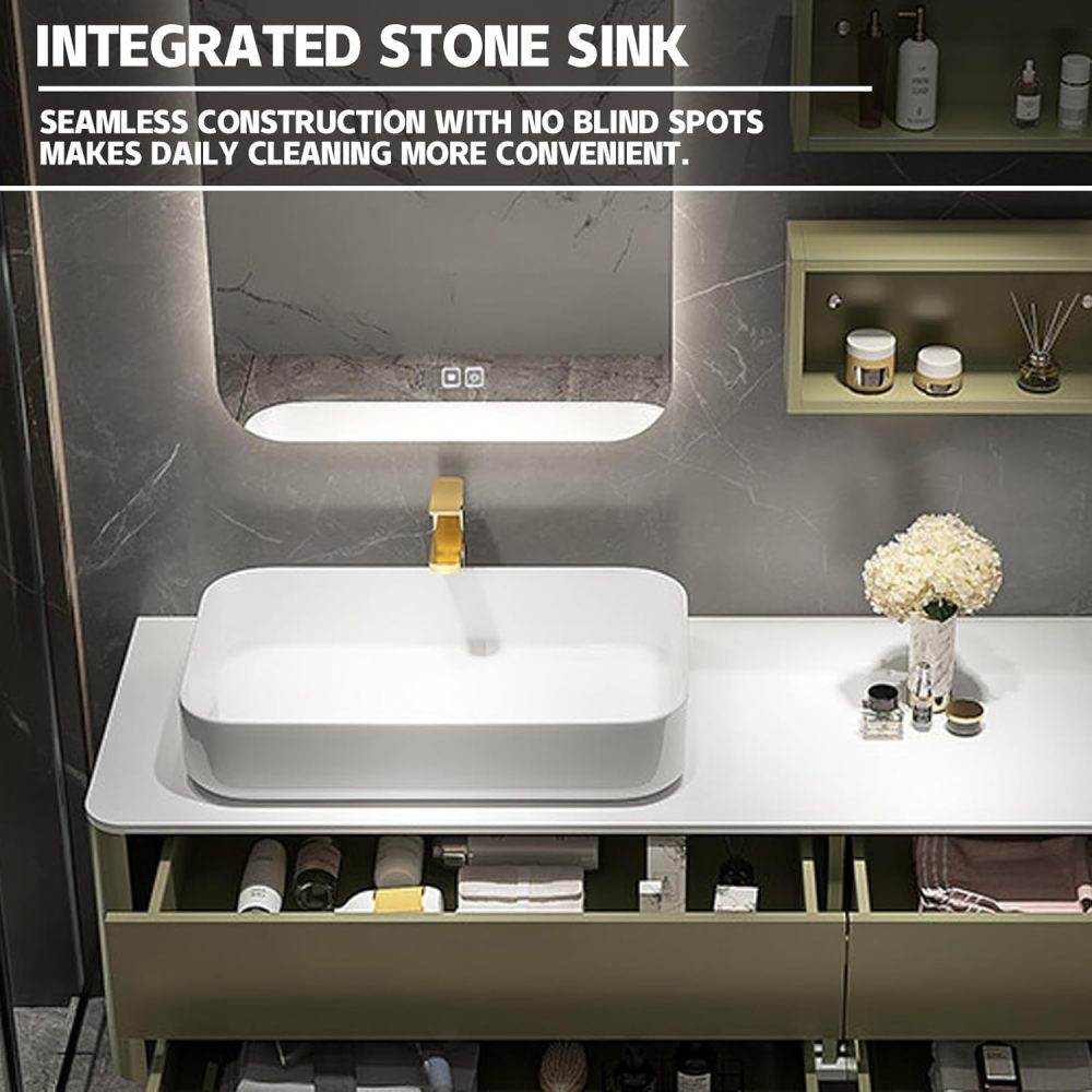 94IN Solid Wood Bathroom Vanity with Sink - Modern Single Floating Sink, Bathroom Vanity Cabinet with Smart Anti-Fog Mirror, 4 Drawers, Moisture-Resistant - Customizable Sizes, Green