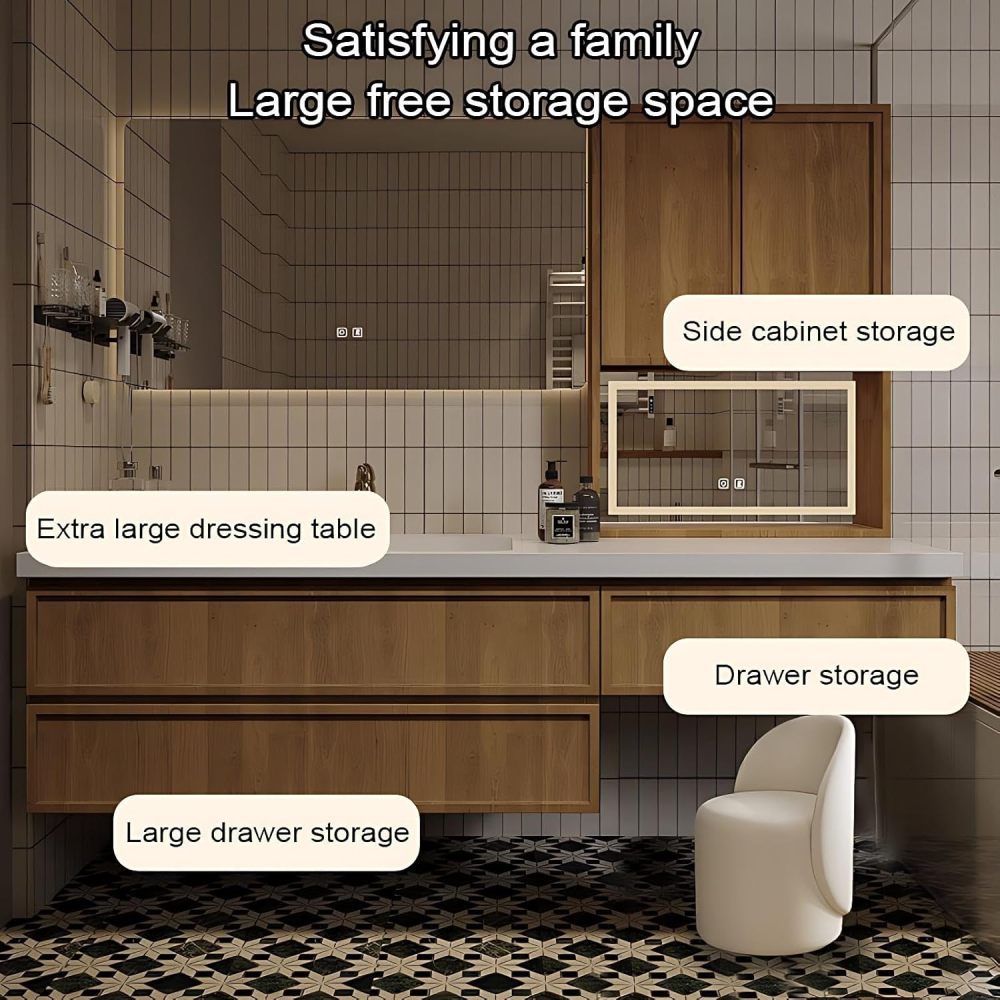 82IN Bathroom Vanity - Modern Bathroom Vanity with Drawers and Multiple Storage Areas, Solid Wood Sink Cabinet with Smart Defog Mirror, Includes Makeup Stool, No Assembly Required