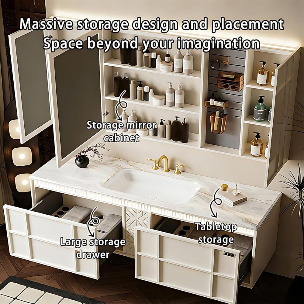 64IN Double Sink Bathroom Vanity - Modern Bathroom Vanity with Smart Defog Mirror, Floating Bathroom Sink Cabinet with Seamless Sink and 2 Drawers, No Assembly Required, Grey