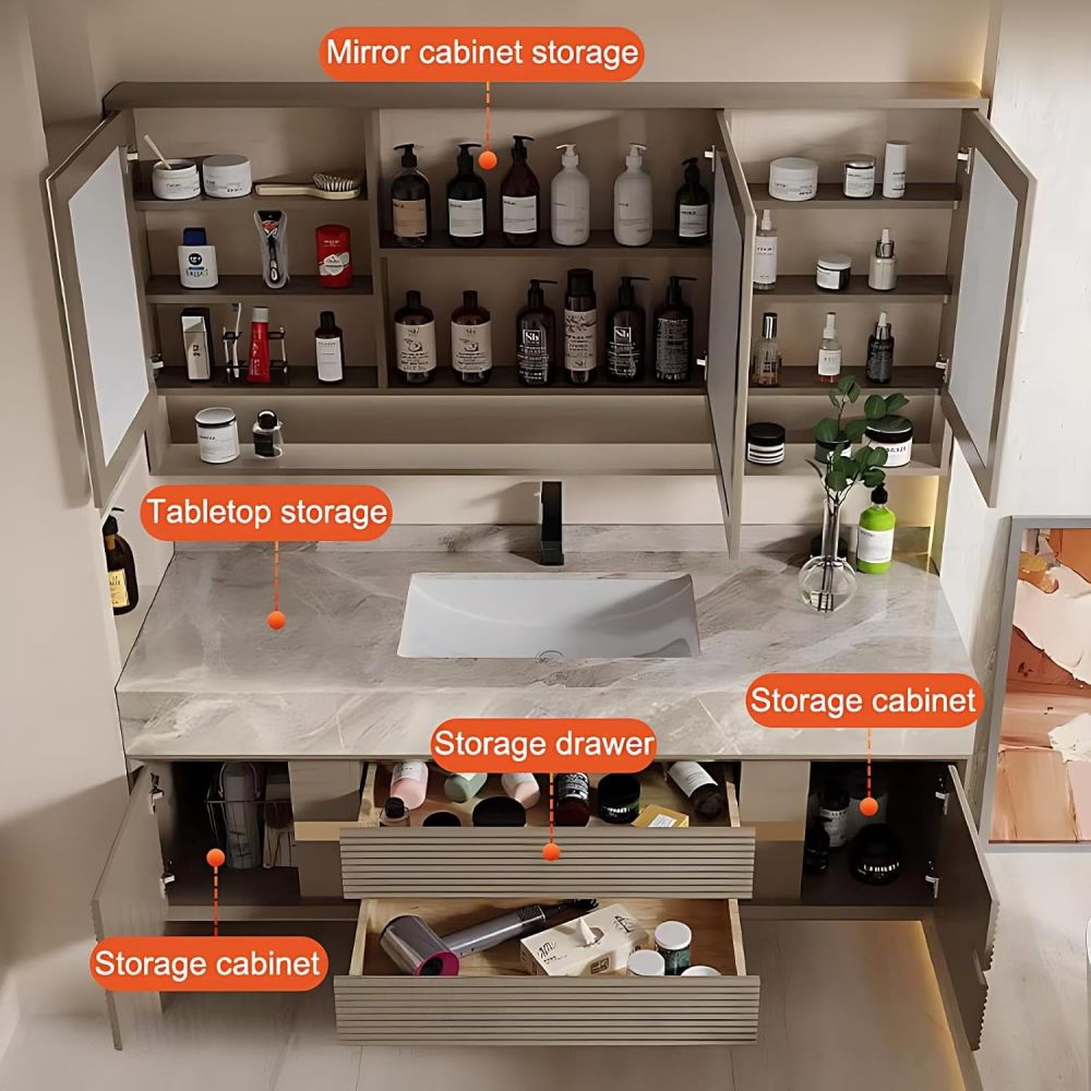 56IN Bathroom Vanity with Sink - Luxury Bathroom Vanity with Sink and Smart Defog Mirror, Floating Bathroom Sink Cabinet with Storage Areas, No Assembly Required, Mirror