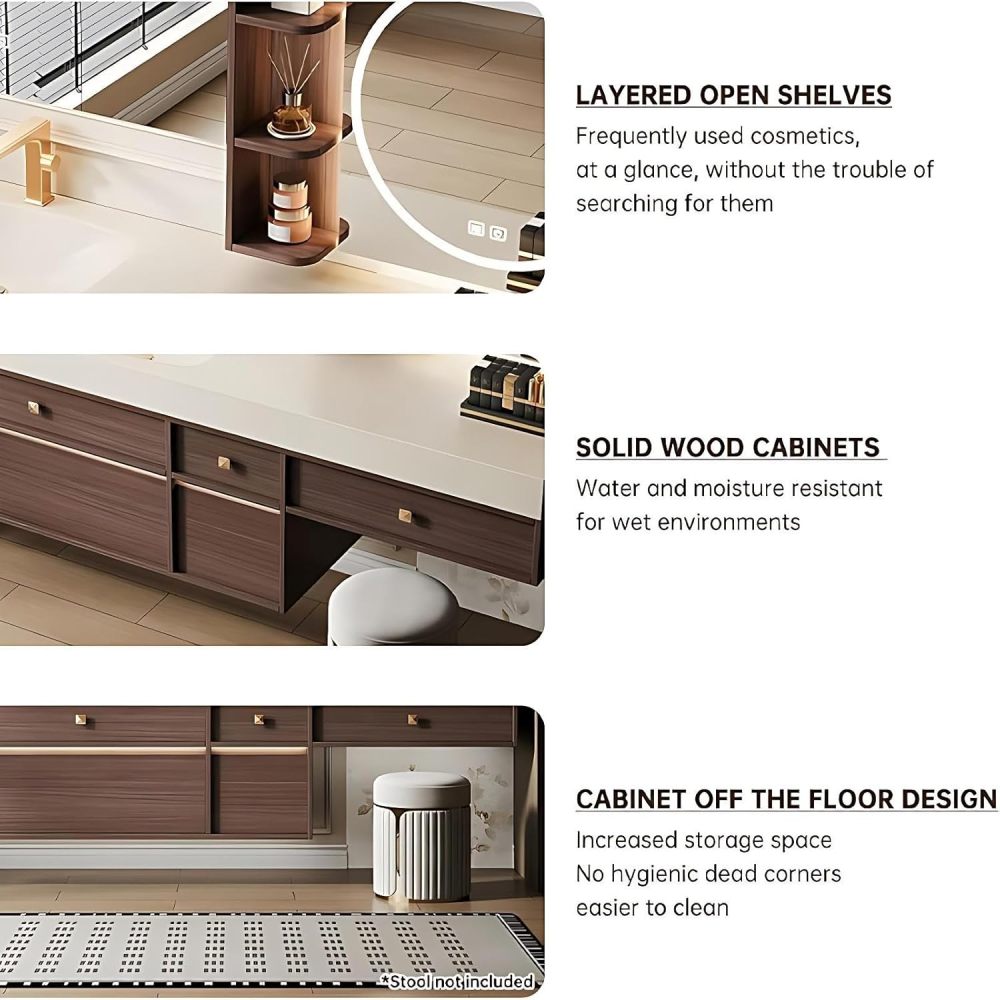 104IN Bathroom Vanity - Single Sink Bathroom Vanity with Makeup Table, Defog Mirror Cabinet and Open Shelf, Solid Wood Bath Sink Cabinet, Complete Accessorie, Includes Makeup Stool, Wood A