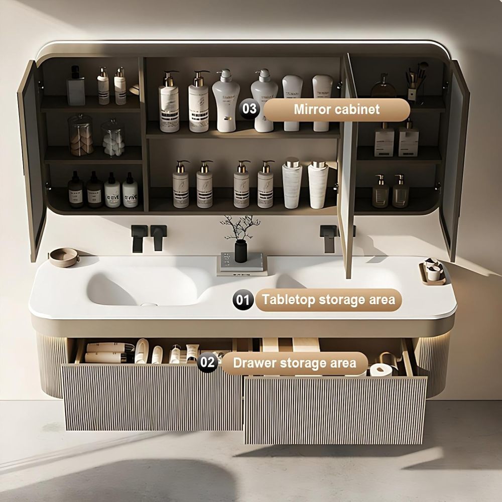 Modern 56IN Bathroom Vanity with Sink - Floating Single Sink Bathroom Vanity Cabinet with Drawers, Hidden Ambient Lights, Intelligent Defogging Mirror Cabinet, Sintered Stone Countertop