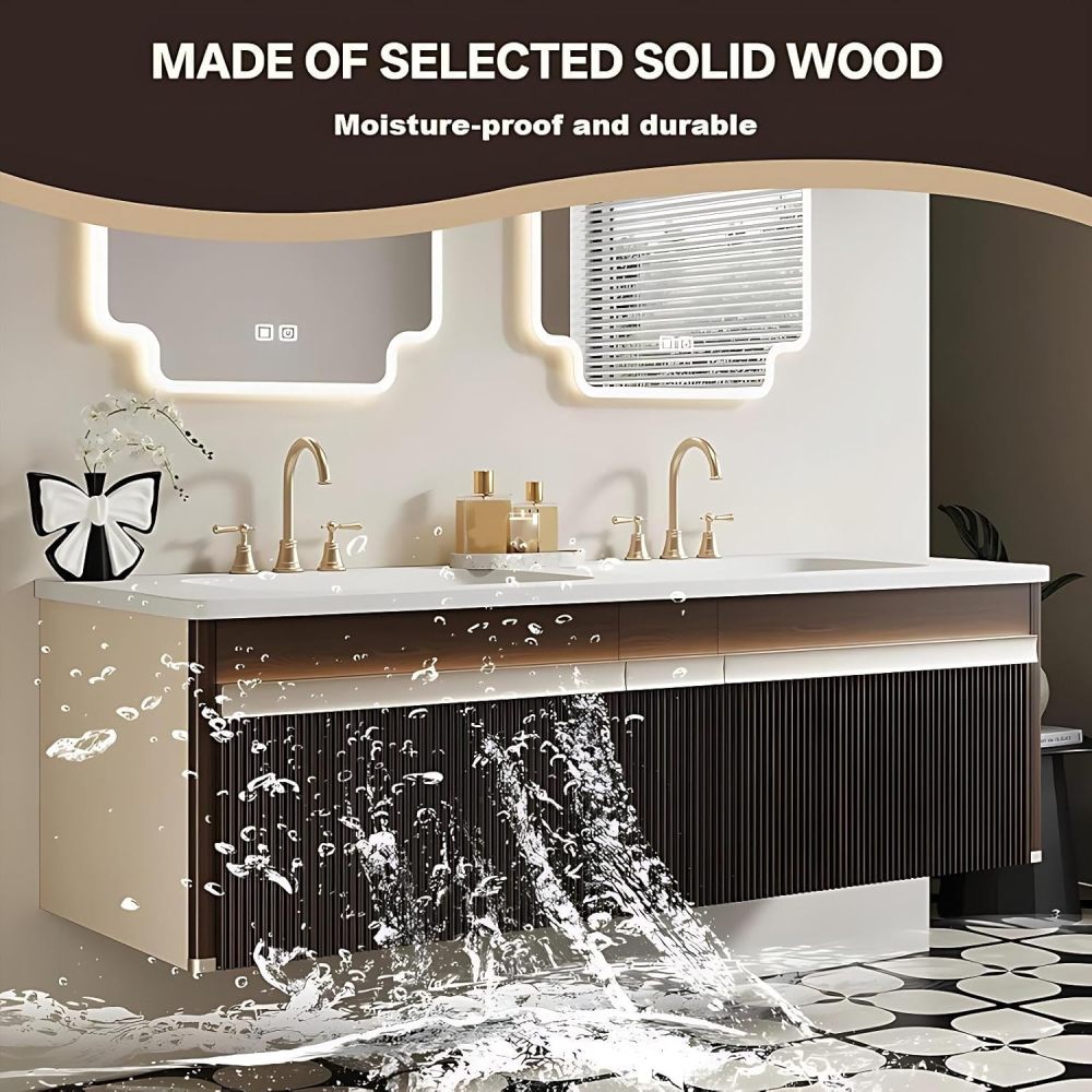 64IN Double Bathroom Vanity with Sink - Modern Waterproof Bathroom Sink Cabinet with Drawers, Floating Vanity, Intelligent Defogging, Customizable Sizes - Easy to Install, Black