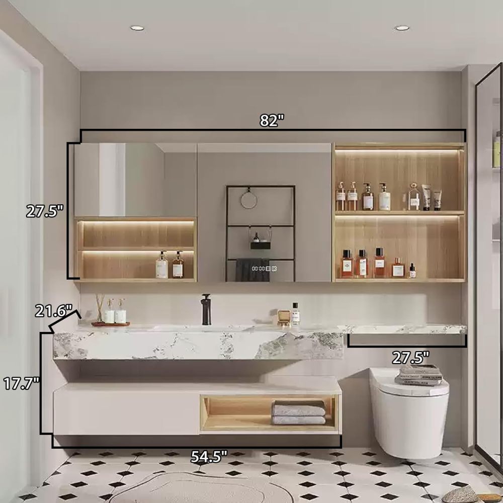 82IN Bathroom Vanity with Sink - White Bathroom Vanity Cabinet with Extension Strip&Smart Defog Mirror, Single Floating Sink Design, Customizable Size - Complete Accessories, Cabinet Mirror A