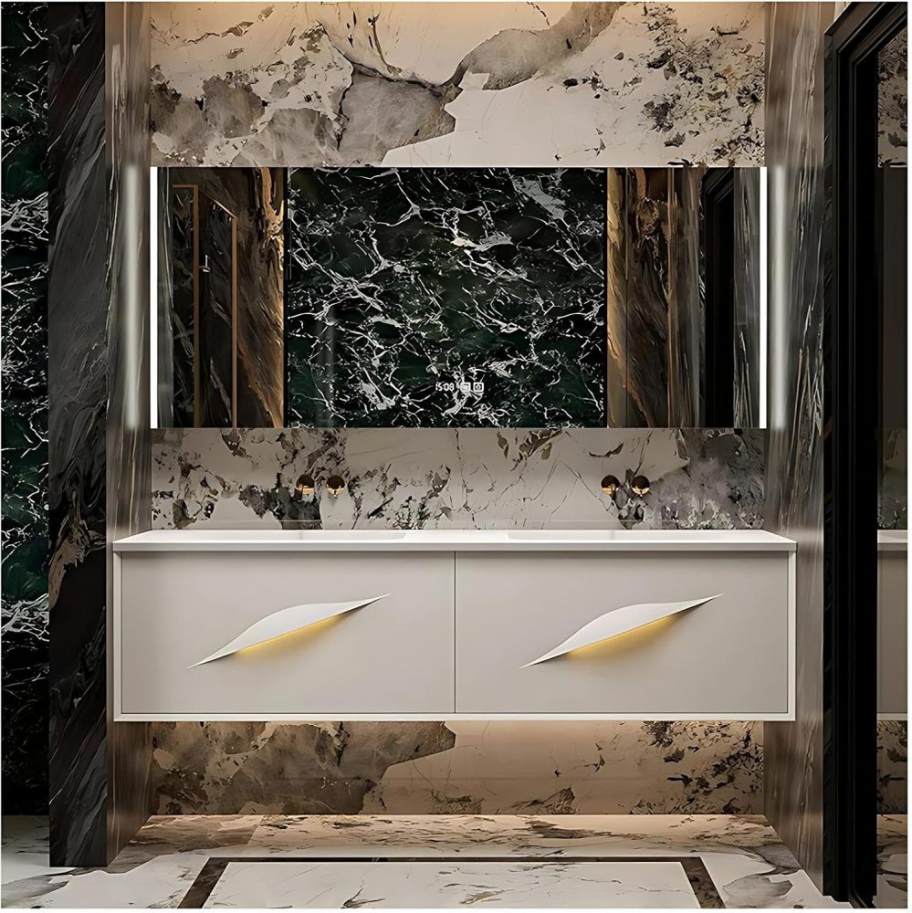 62IN Modern Bathroom Vanity with Sink - Waterproof Bathroom Sink Cabinet with Mirror, Wall-Mounted Vanity, Intelligent Defogging, Solid Wood, Customizable Sizes - Easy to Install, White