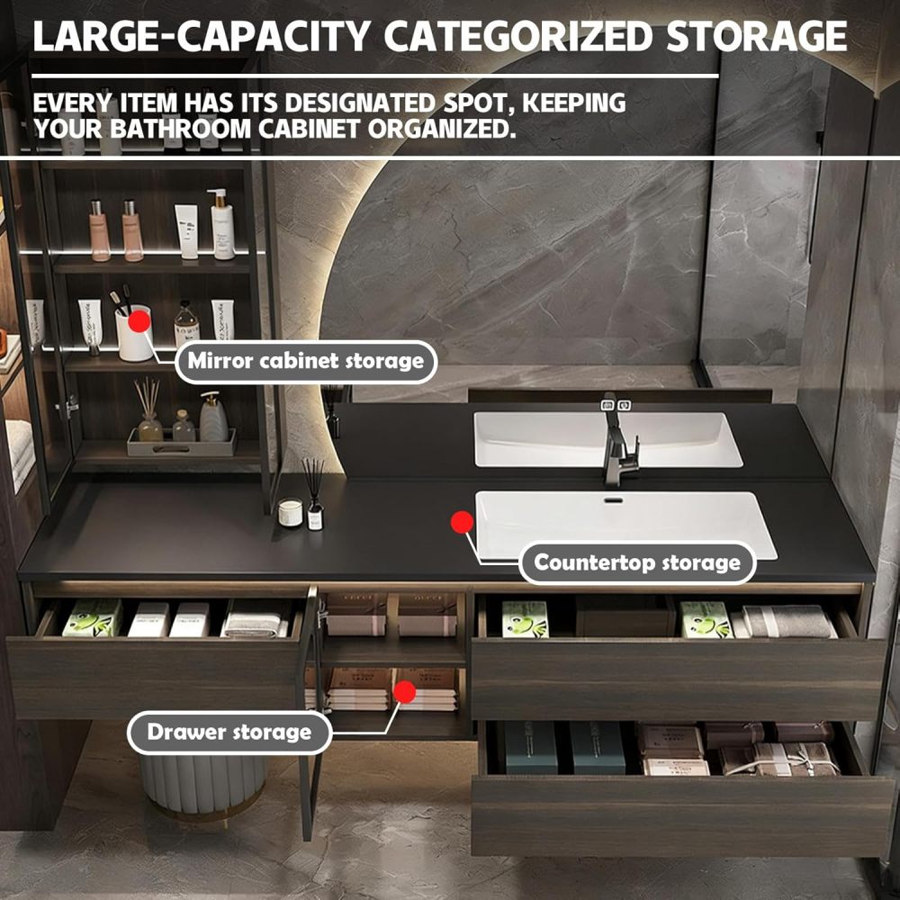 104IN Modern Solid Wood Bathroom Vanity with Sink - Wall-Mounted Floating Vanity Cabinet, Smart Anti-Fog Mirror, 3 Drawers & 1 Cabinet, Stylish Integrated Stone Sink for Bathroom, Mirror.1