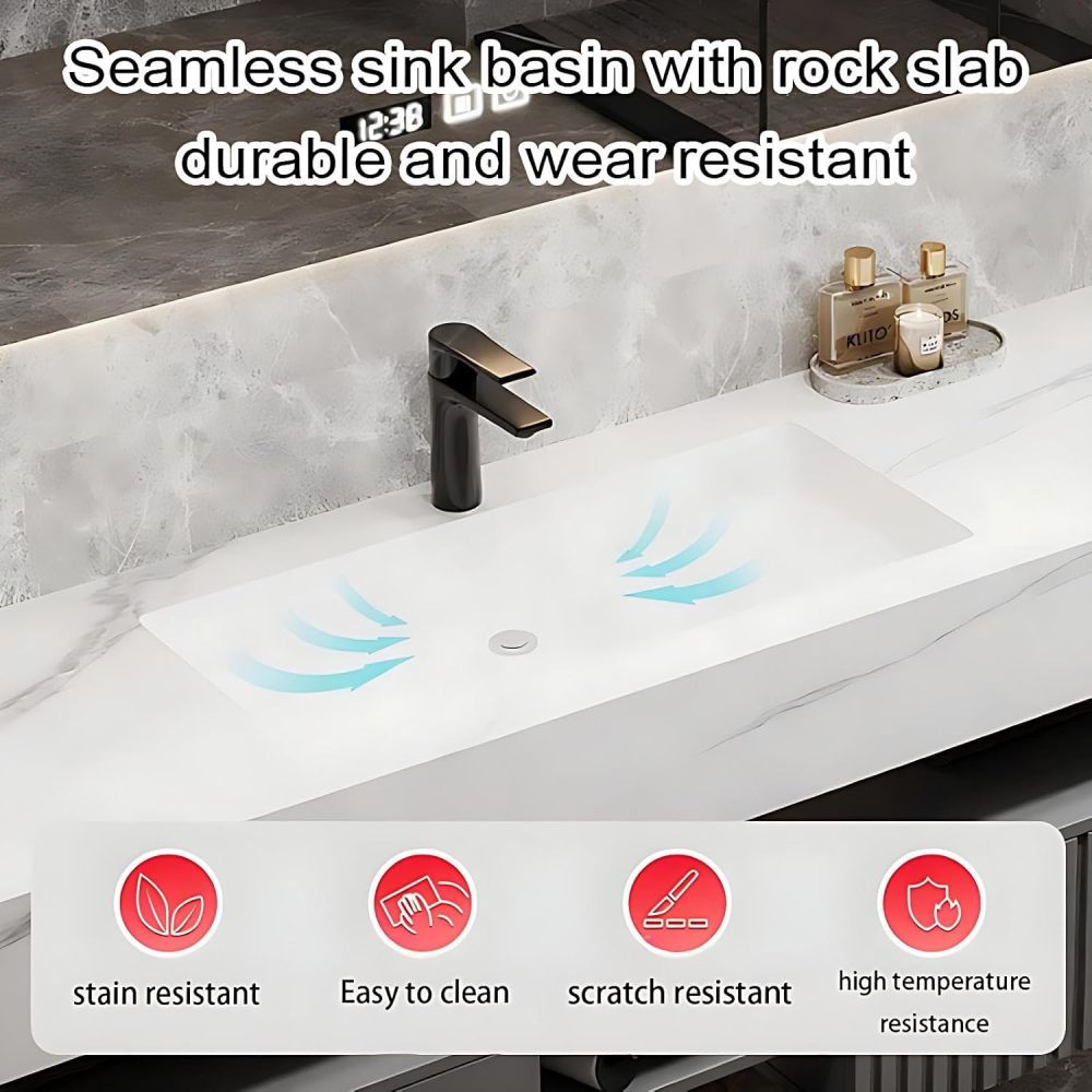 92IN Bathroom Vanity - Modern Bathroom Vanity with Multiple Storage Areas, Floating Sink Cabinet with Smart Defog Mirror, Includes Makeup Stool, No Assembly Required, Gray