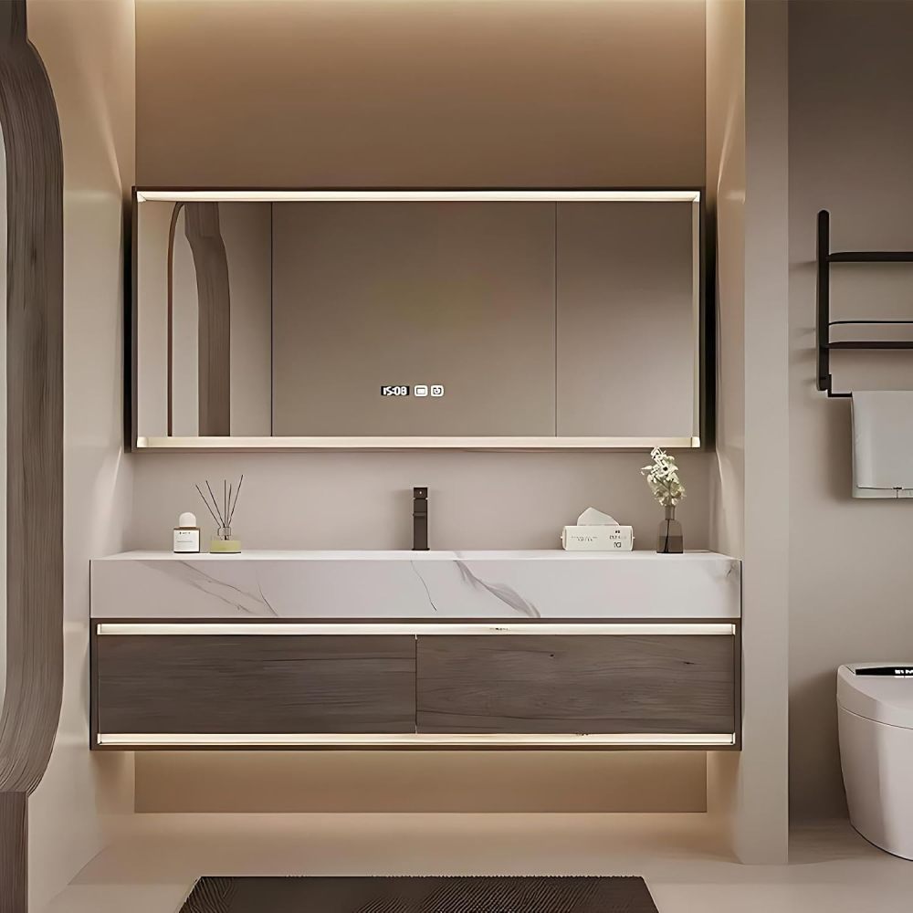 42 inch Bathroom Vanity with Sink - Floating Bathroom Vanities Includes LED Smart Defogging Mirror Cabinet, Large Drawers and Sensor Light, Integrated Countertop, Includes Accessories, Wood