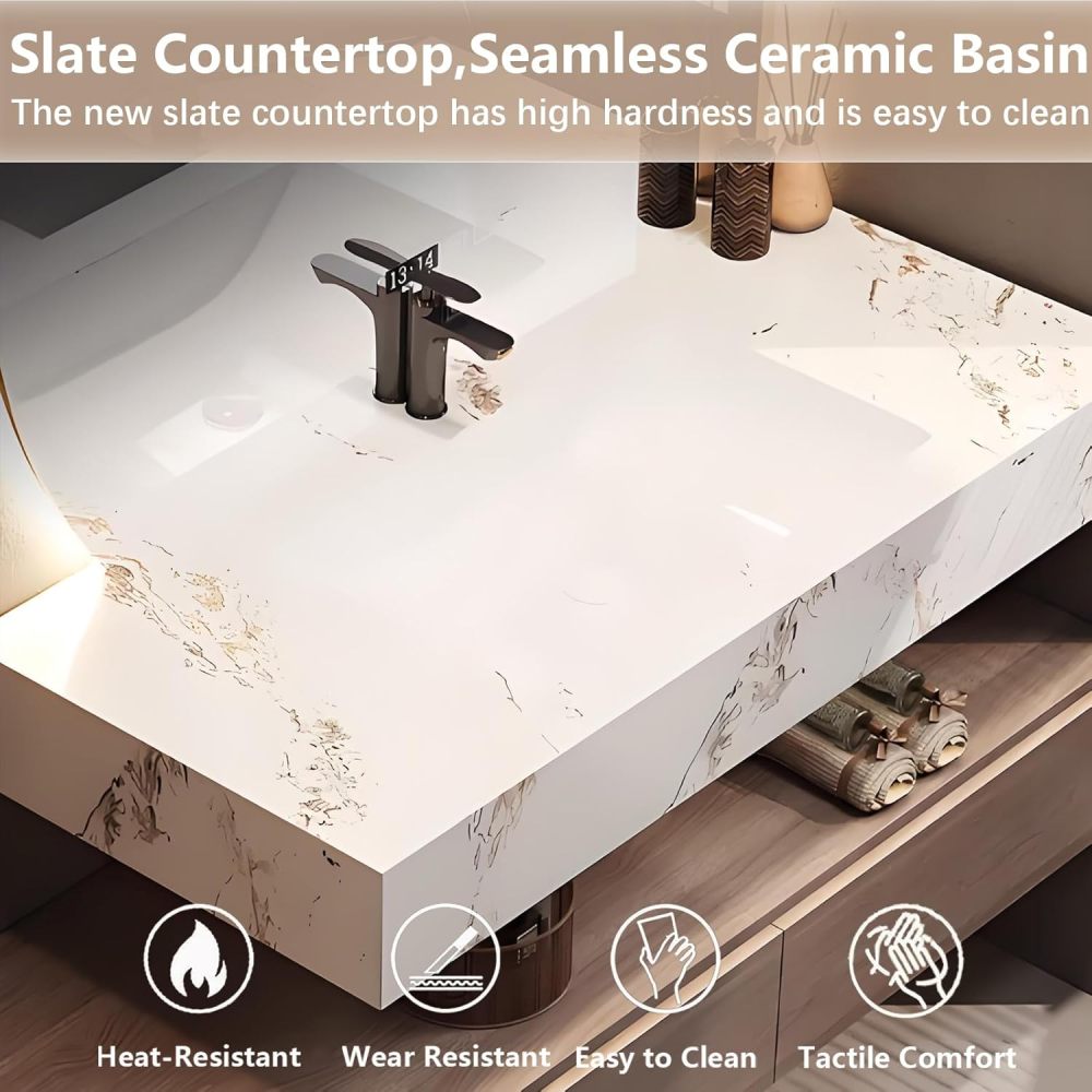 82IN Bathroom Vanity - Modern Bathroom Vanity Set with Seamless Sink & Smart LED Defog Mirror, Floating Sink with Storage Drawers & Side Cabinet, No Assembly Required, Mirror Cabinet