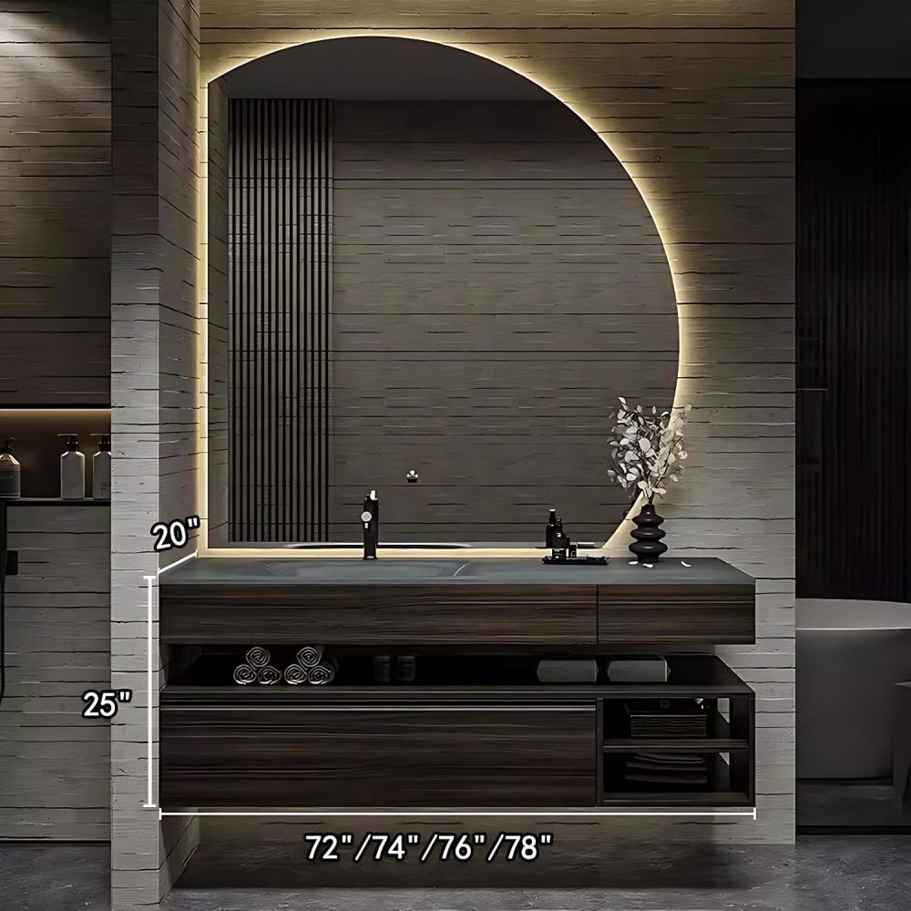 72IN Bathroom Vanity with Sink - Modern Floating Bathroom Vanity with Smart Defog Mirror, Solid Wood Bathroom Sink Cabinet with 2 Drawers and Open Storage, No Assembly Required, Wood