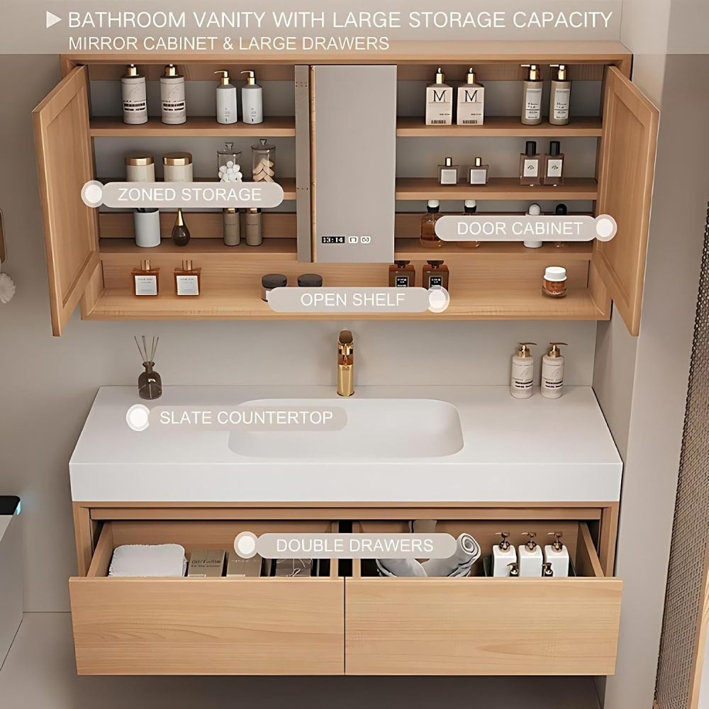 92 inch Bathroom Vanity with Sink - Modern Bathroom Vanity Set Includes LED Smart Defogging Mirror Cabinet, Floating Vanities with One Piece Sink, Includes Accessories, Wood