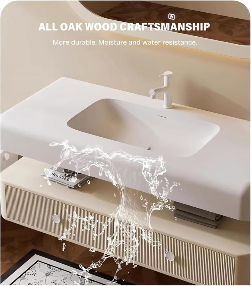 94 inch Wall-Mount Bathroom Sink Vanity - Floating Bathroom Vanity with LED Smart Defog Mirror Cabinet, Solid Wood, Seamless Countertop, Striped Drawers, Include Accessories, Apricot