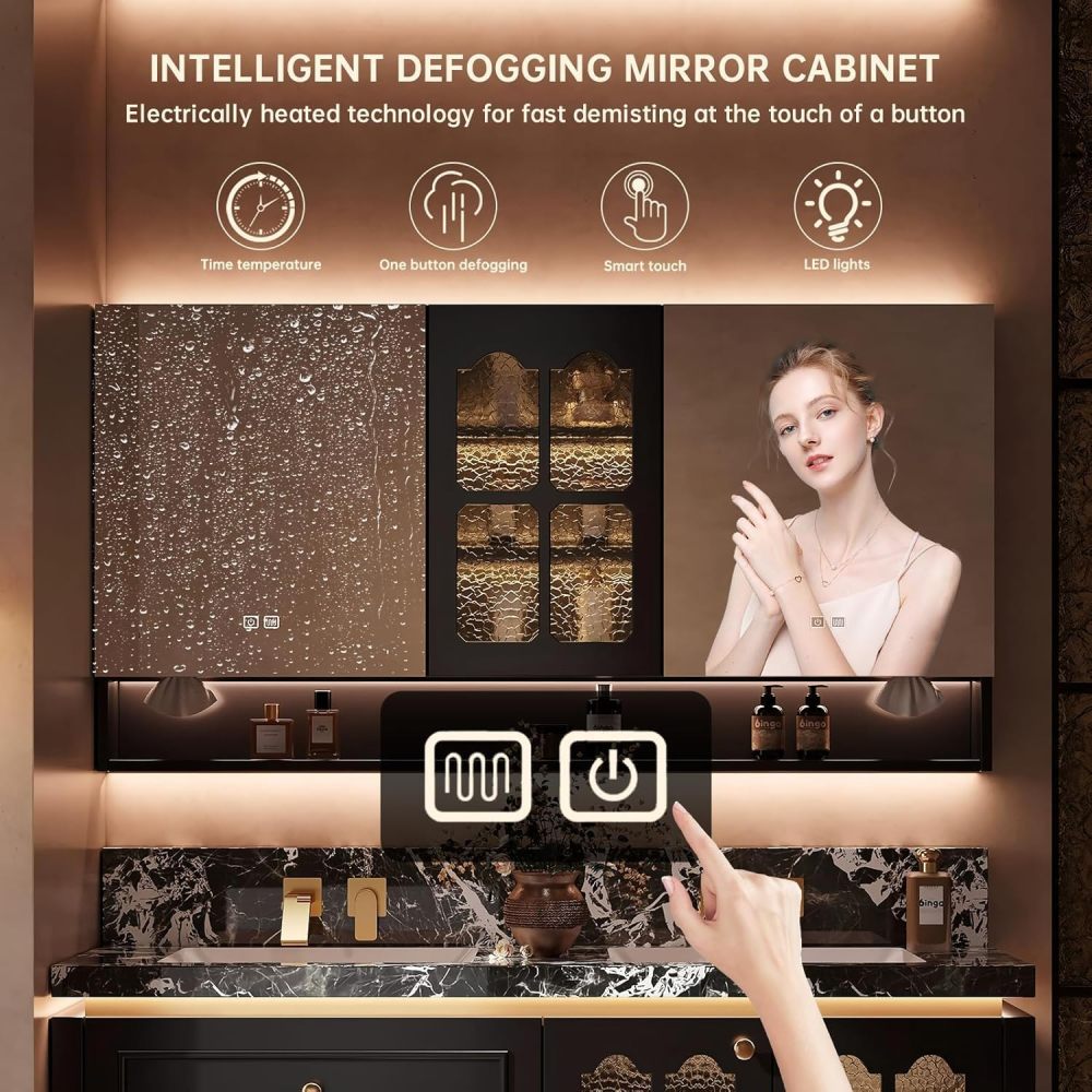 84IN Double Sink Bathroom Vanity - Floating Bathroom Vanity with Smart LED Defogger Mirror & Marble Countertop, Large Storage Cabinet with Glass Door, Includes Accessories, Brown