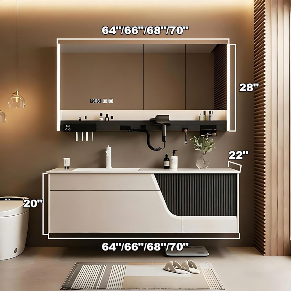 66IN Bathroom Vanity - Single Sink Vanity, Solid Wood, Striped Drawers, Includes Smart LED Mirror Cabinet and Storage Rack, Complete Accessorie, Fully Assembled, White
