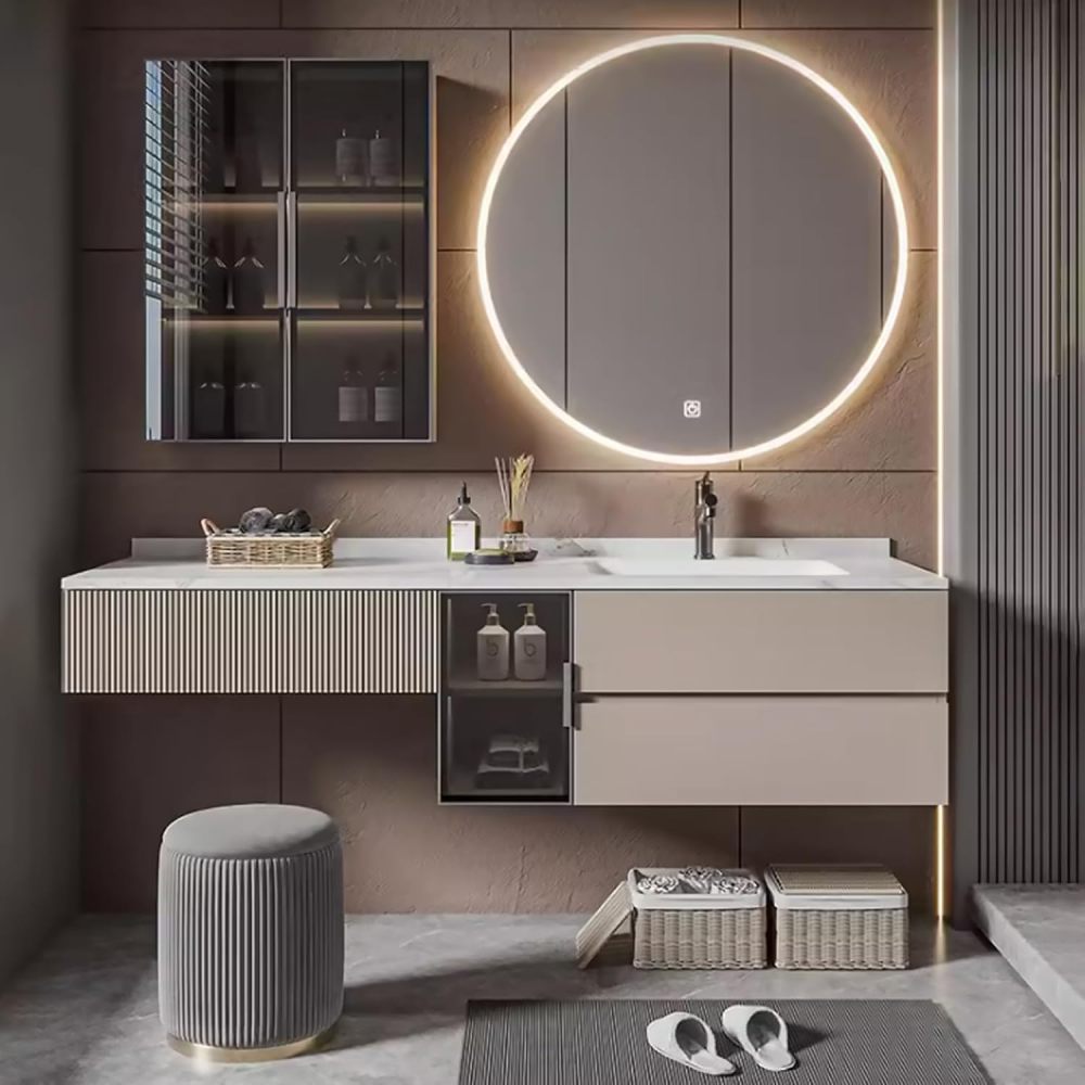 68IN Bathroom Vanity with Sink - Floating Vanity Set with Extended Makeup Table, Solid Wood Sink Cabinet and Round LED Mirror, Glass Side Cabinet, Includes Accessories, Gold