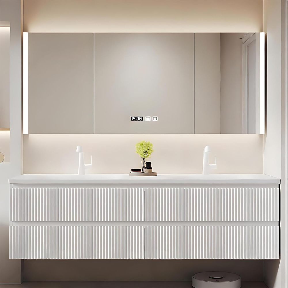 84IN Double Sink Bathroom Vanity - Modern Bathroom Vanity with Smart Defogging Mirror, Simple Sink Cabinet with 4 Drawers & Seamless Sink, No Assembly Required
